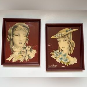 Pair of 1940s Lady Lithographs Art Deco Feminine Romantic